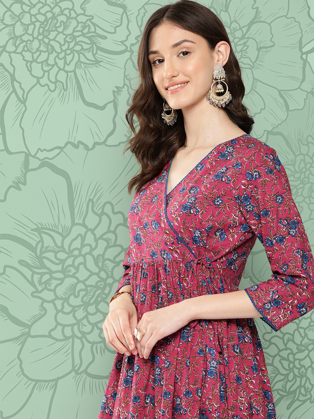 Janasya Women's Pink Cotton Floral Printed Casual Gathered Kurta | Swadesiicart