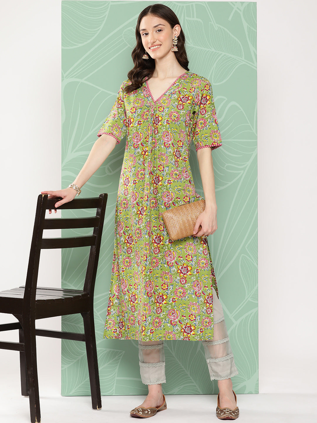 Janasya Women's Green Cotton Floral Printed Casual Straight Kurta | Swadesiicart