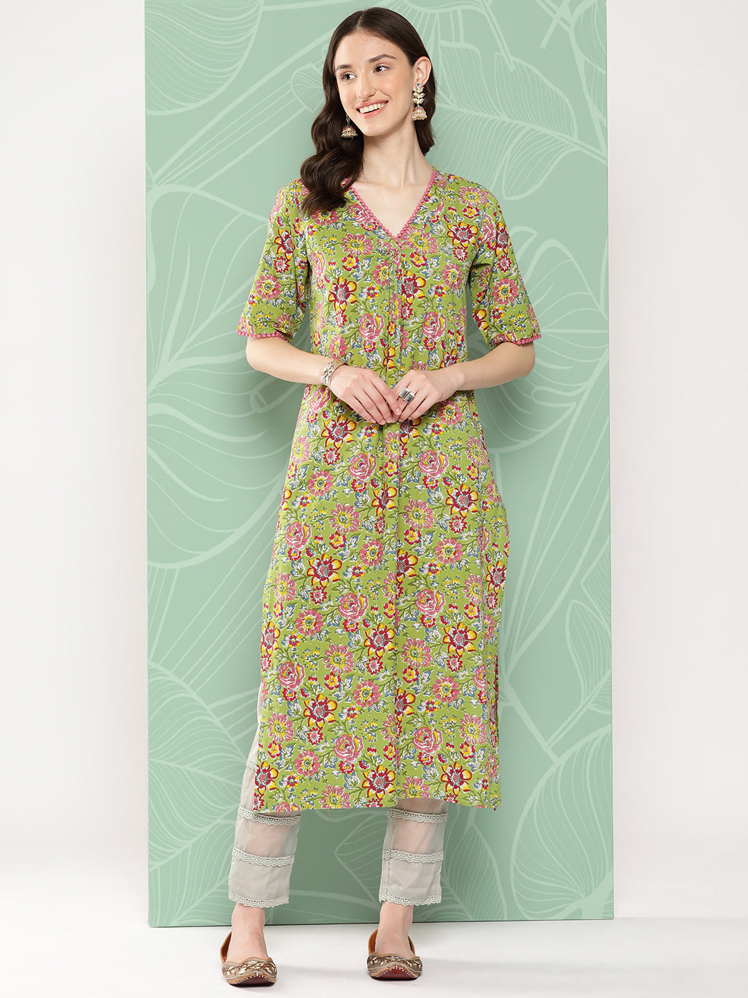 Janasya Women's Green Cotton Floral Printed Casual Straight Kurta | Swadesiicart