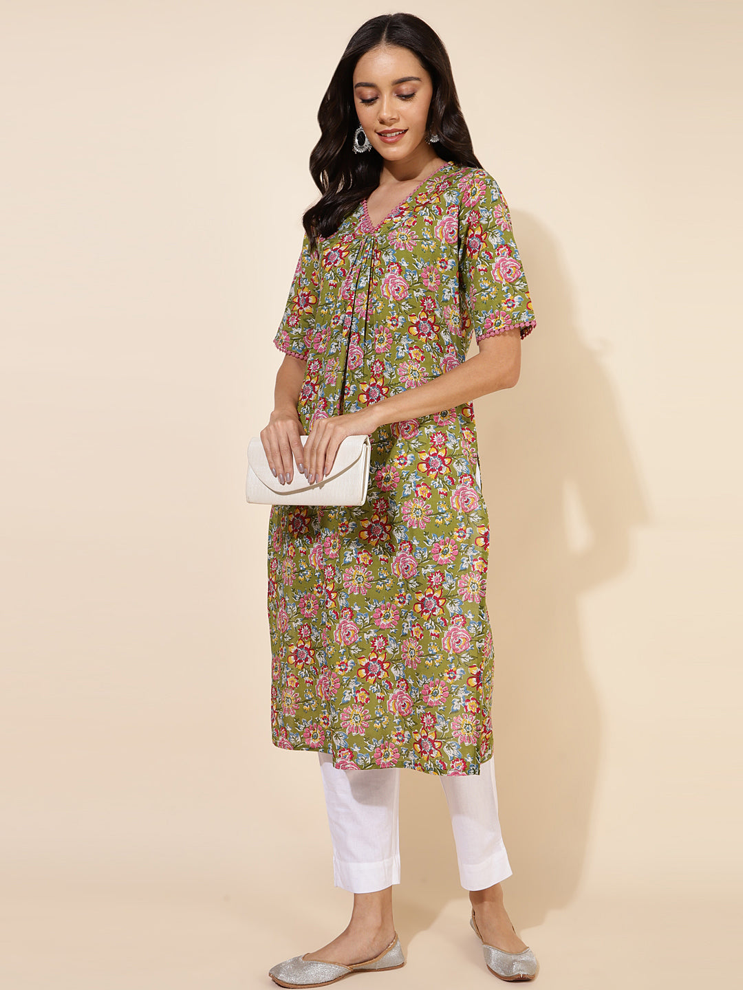 Janasya Green Cotton Floral Printed Casual Kurta | Swadesiicart