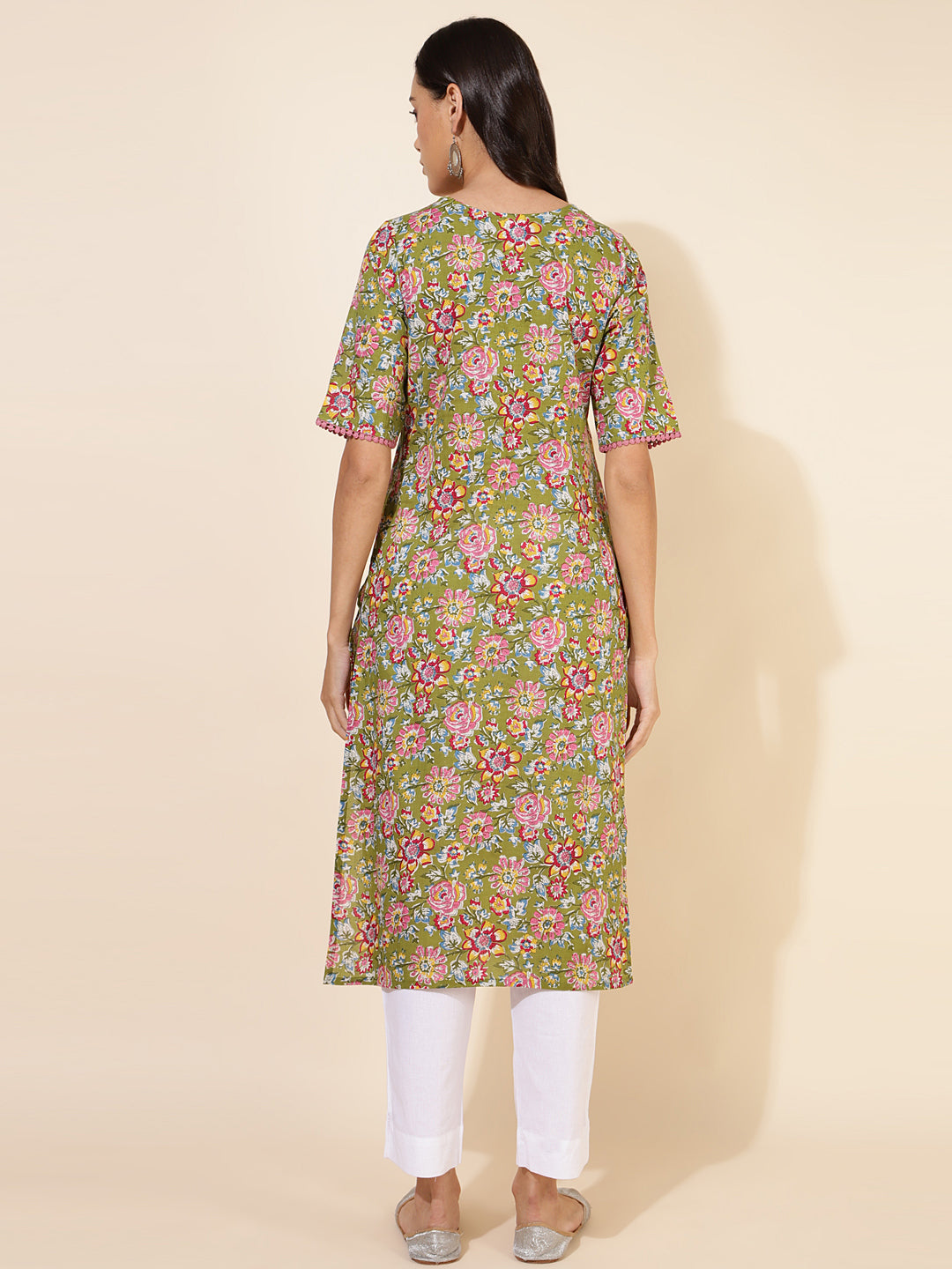 Janasya Green Cotton Floral Printed Casual Kurta | Swadesiicart