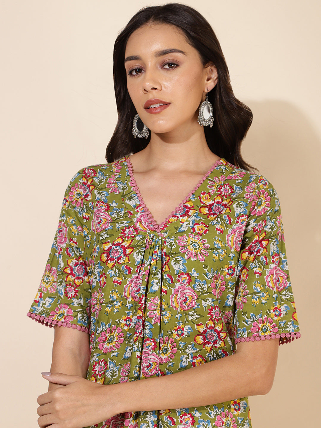 Janasya Green Cotton Floral Printed Casual Kurta | Swadesiicart