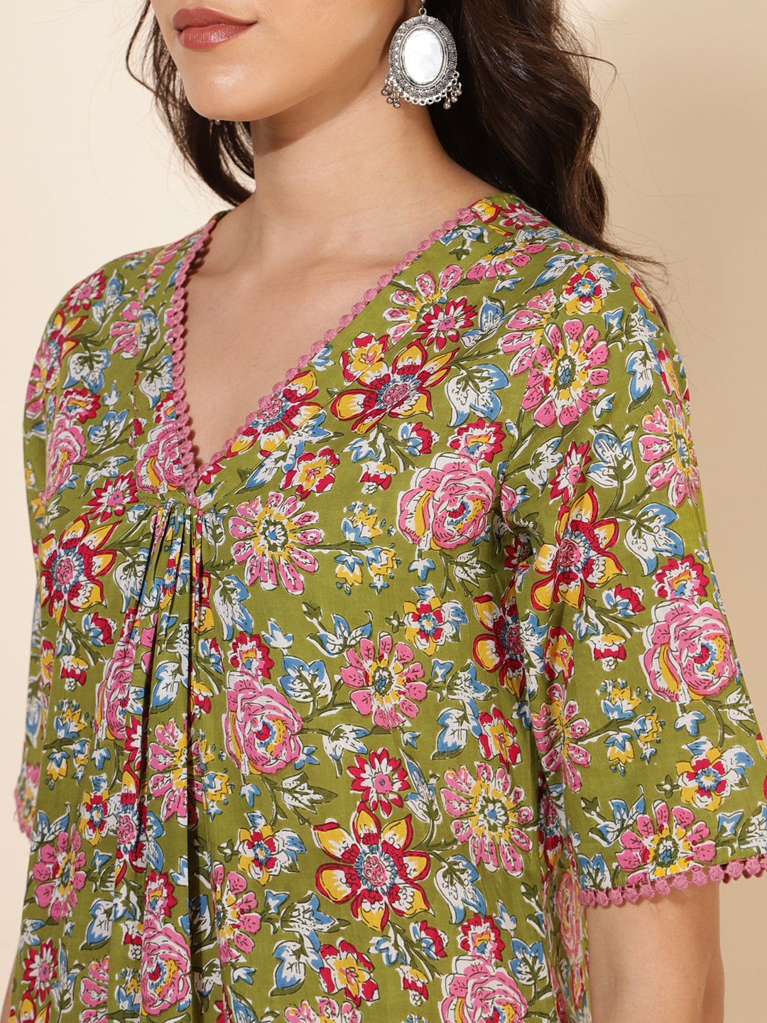 Janasya Green Cotton Floral Printed Casual Kurta | Swadesiicart