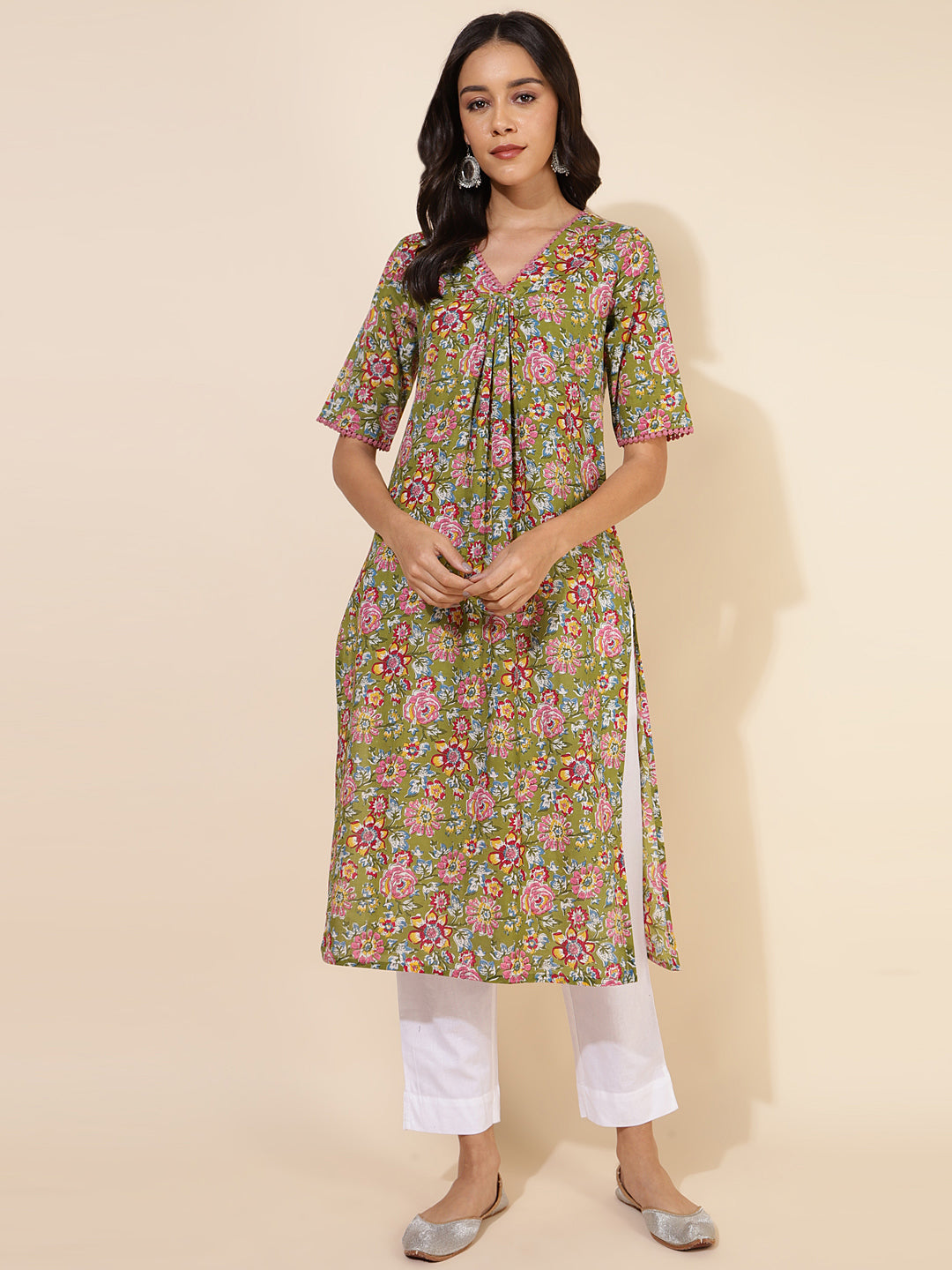 Janasya Green Cotton Floral Printed Casual Kurta | Swadesiicart