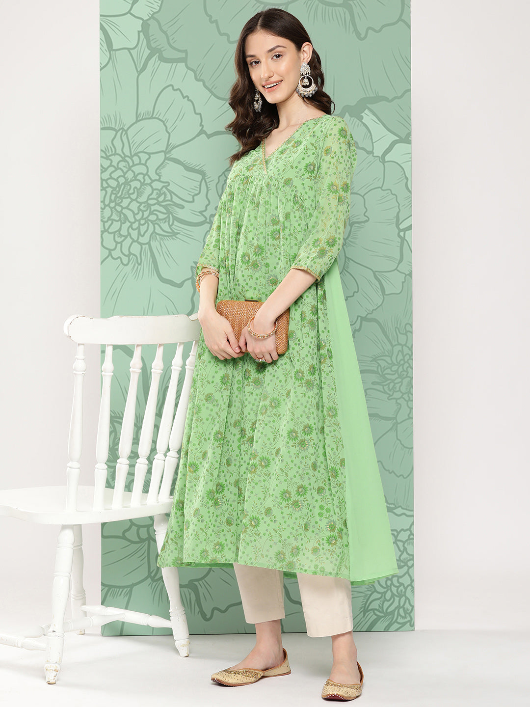 Janasya Women's Light Green Georgette Digital Floral Printed Festive Flared Kurta | Swadesiicart