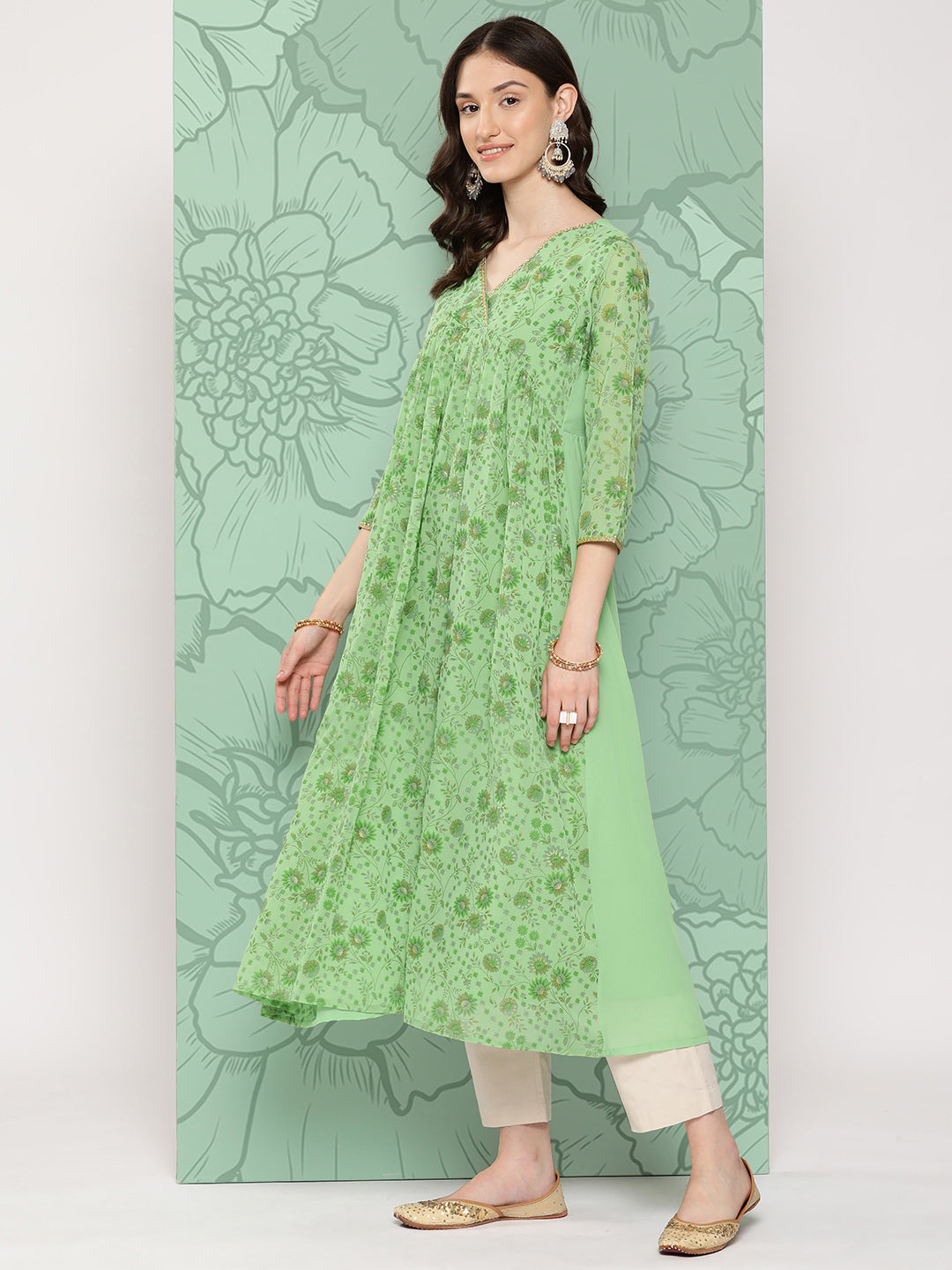 Janasya Women's Light Green Georgette Digital Floral Printed Festive Flared Kurta | Swadesiicart