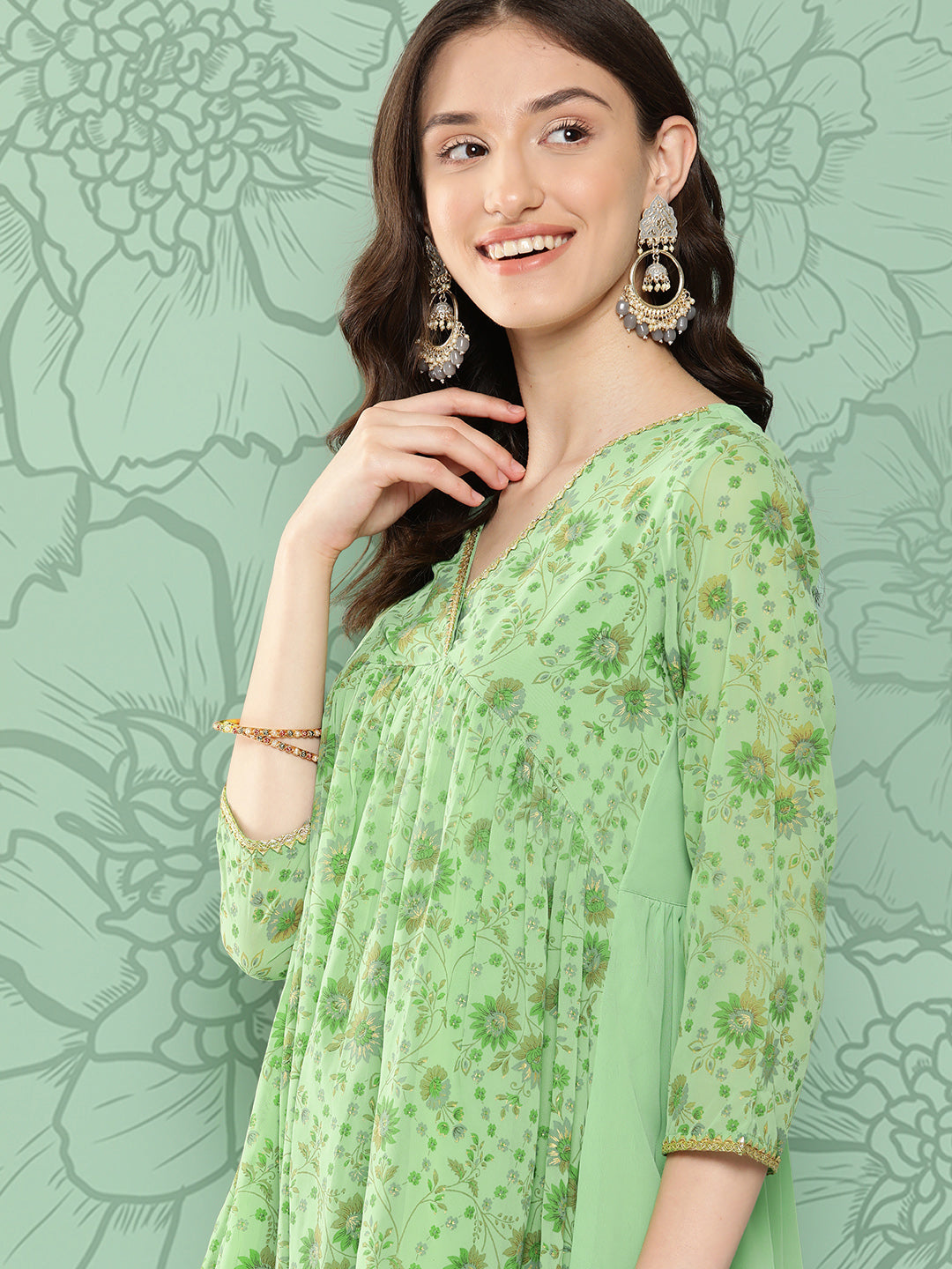 Janasya Women's Light Green Georgette Digital Floral Printed Festive Flared Kurta | Swadesiicart
