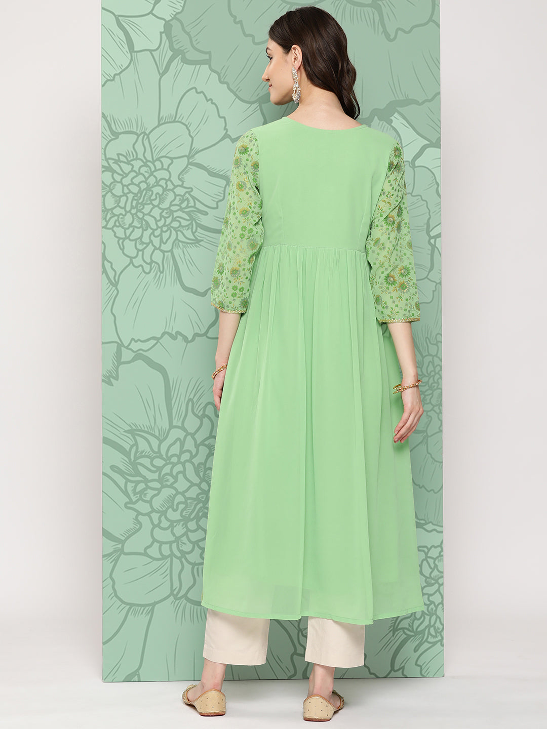 Janasya Women's Light Green Georgette Digital Floral Printed Festive Flared Kurta | Swadesiicart