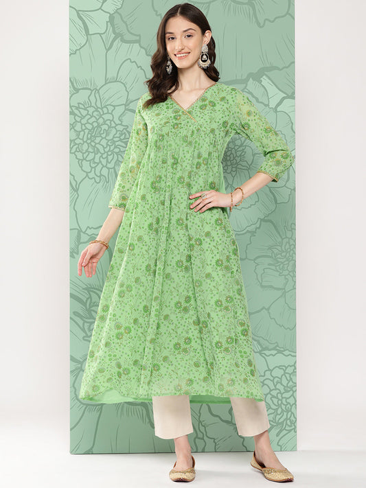 Janasya Women's Light Green Georgette Digital Floral Printed Festive Flared Kurta | Swadesiicart