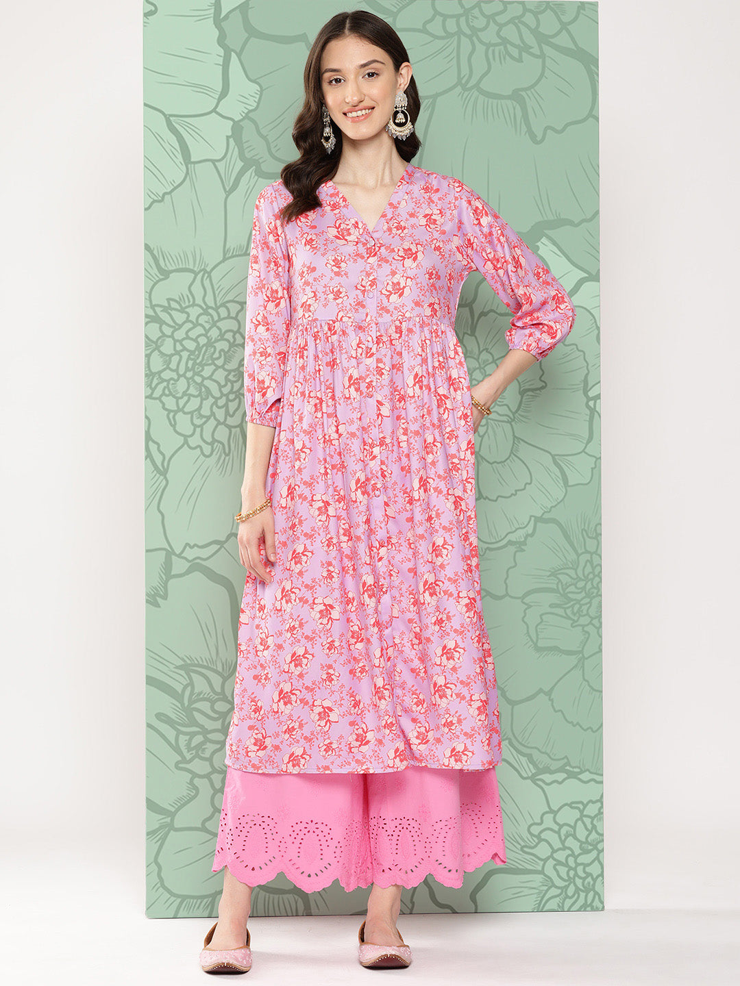 Janasya Women's Lavender Moss Digital Floral Printed Casual Gathered Kurta | Swadesiicart