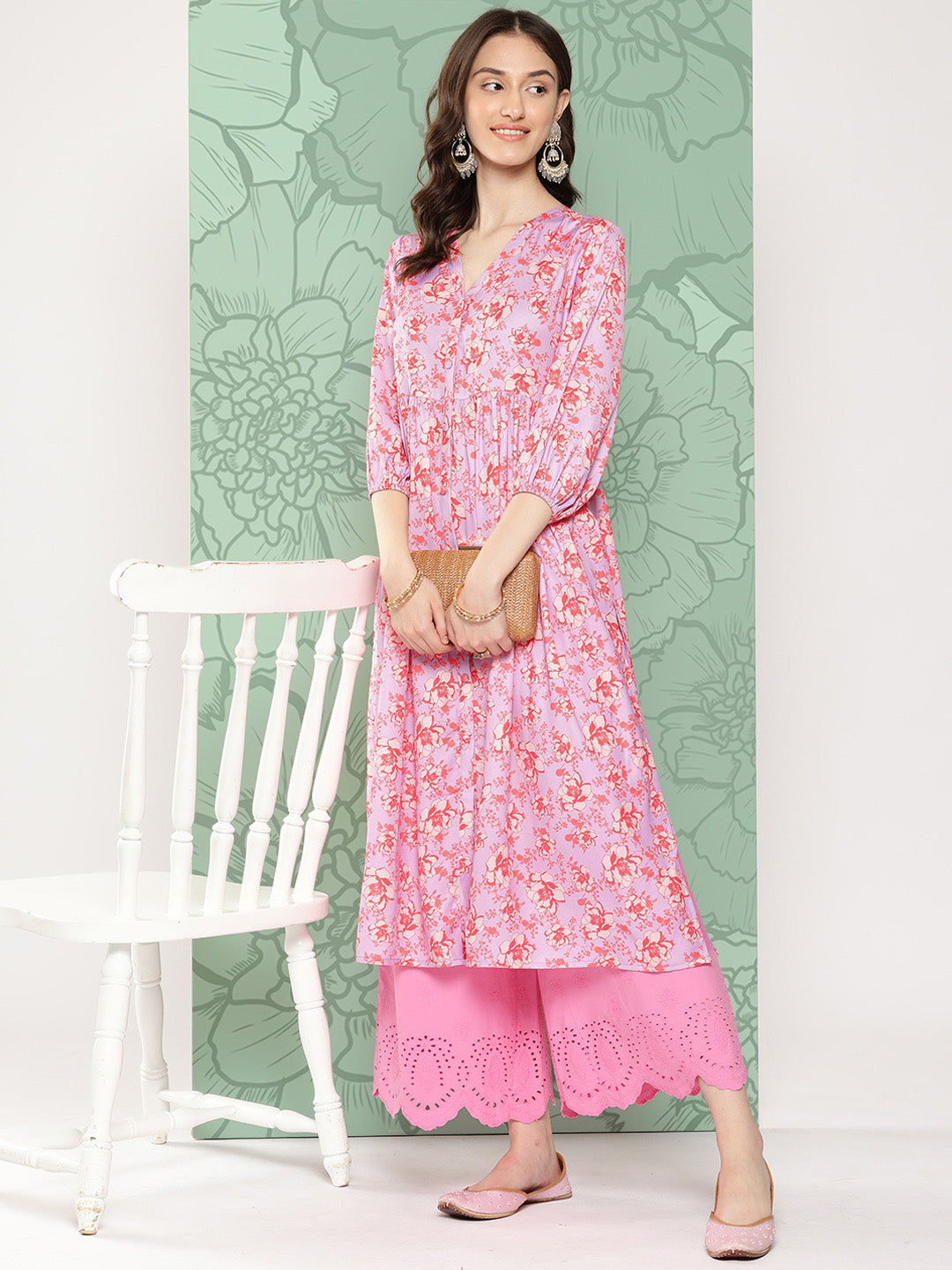 Janasya Women's Lavender Moss Digital Floral Printed Casual Gathered Kurta | Swadesiicart