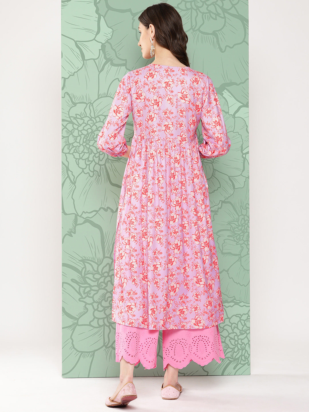 Janasya Women's Lavender Moss Digital Floral Printed Casual Gathered Kurta | Swadesiicart