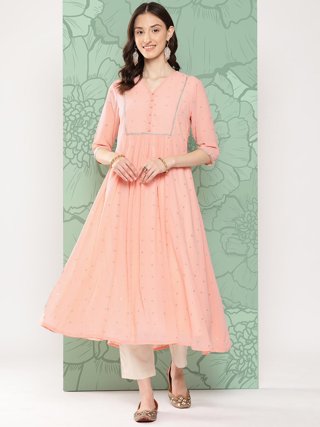 Janasya Women's Peach Georgette Embossed Work Festive Gathered Kurta | Swadesiicart