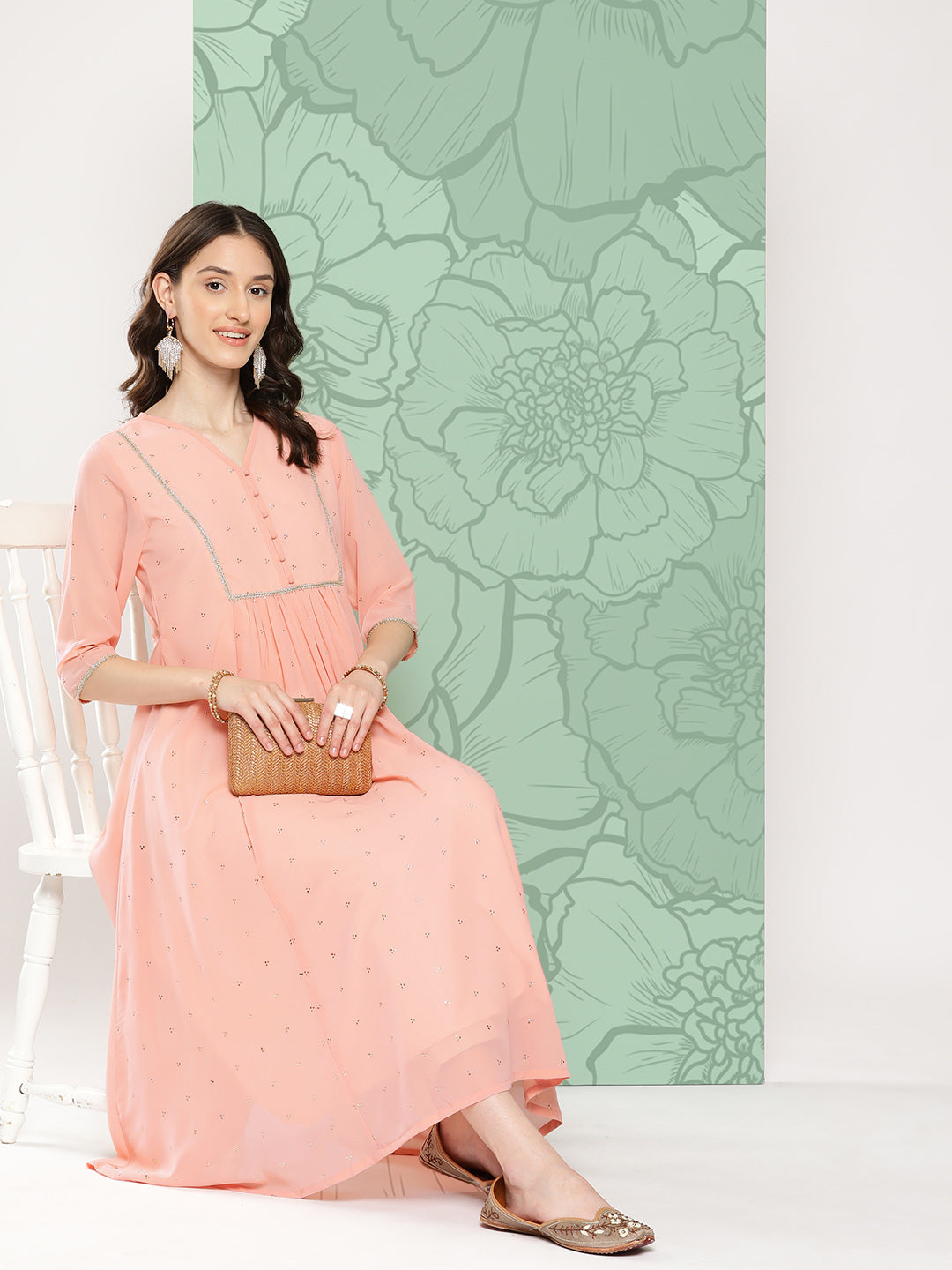 Janasya Women's Peach Georgette Embossed Work Festive Gathered Kurta | Swadesiicart