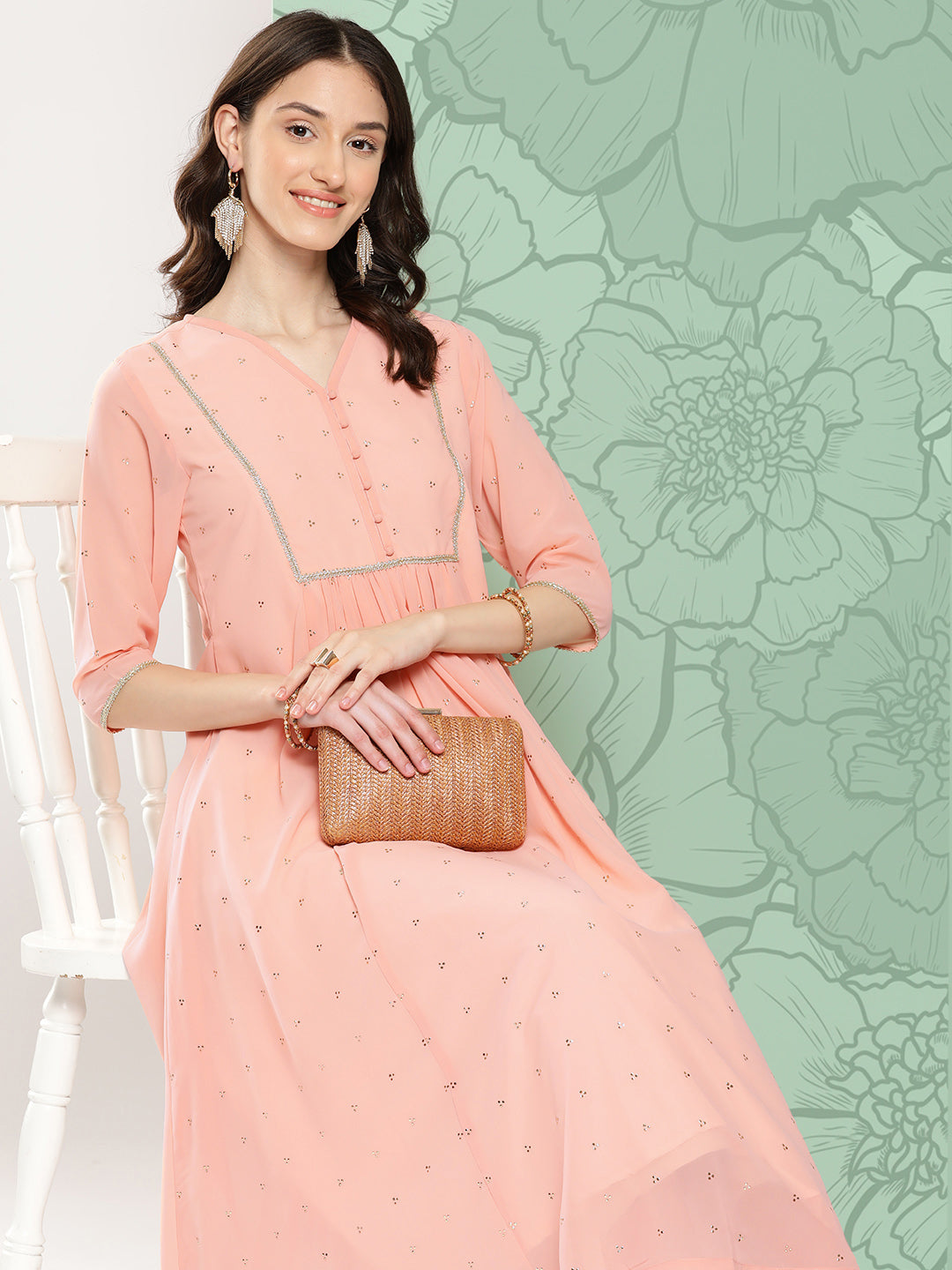 Janasya Women's Peach Georgette Embossed Work Festive Gathered Kurta | Swadesiicart