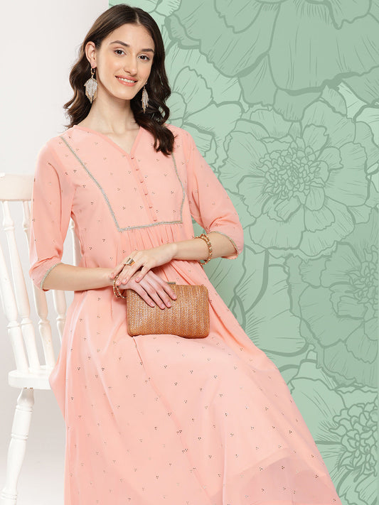 Janasya Women's Peach Georgette Embossed Work Festive Gathered Kurta | Swadesiicart