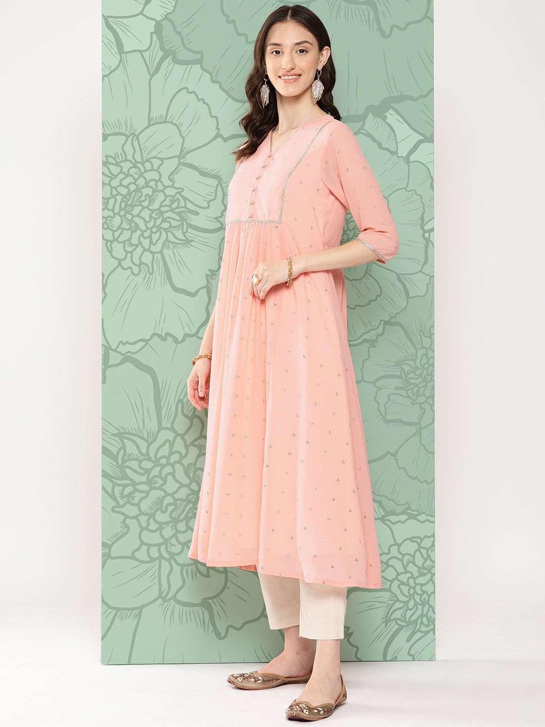 Janasya Women's Peach Georgette Embossed Work Festive Gathered Kurta | Swadesiicart