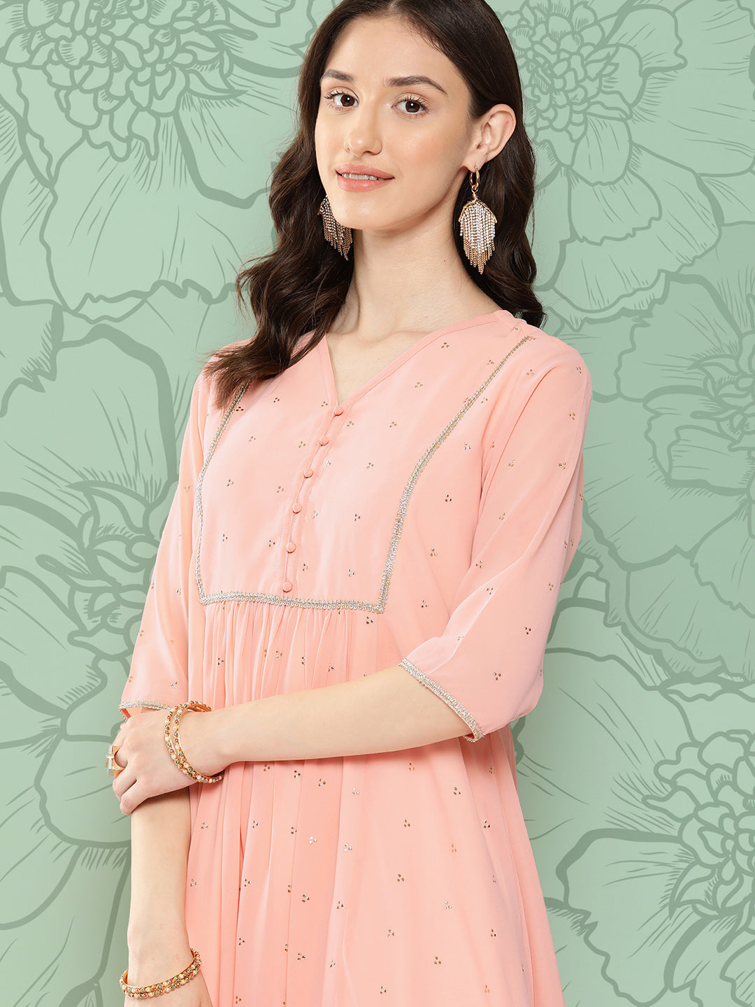 Janasya Women's Peach Georgette Embossed Work Festive Gathered Kurta | Swadesiicart