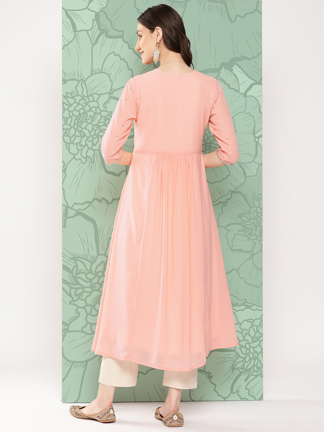 Janasya Women's Peach Georgette Embossed Work Festive Gathered Kurta | Swadesiicart