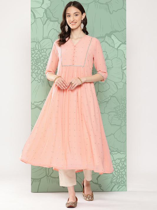 Janasya Women's Peach Georgette Embossed Work Festive Gathered Kurta | Swadesiicart