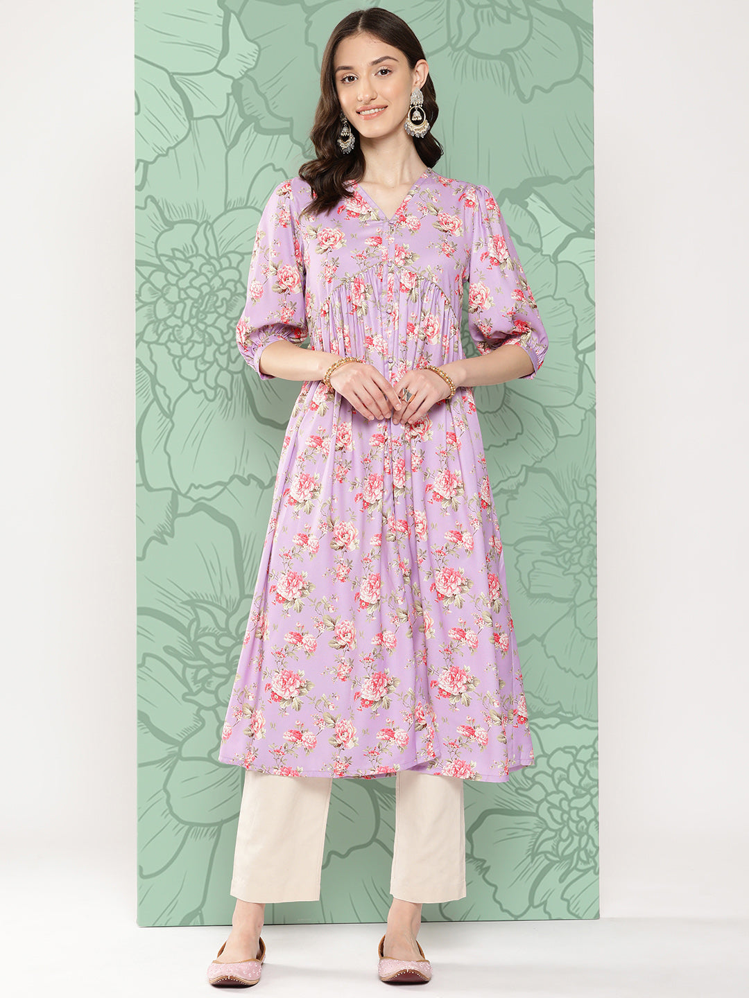 Janasya Women's Lavender Moss Digital Floral Printed Festive Flared Kurta | Swadesiicart