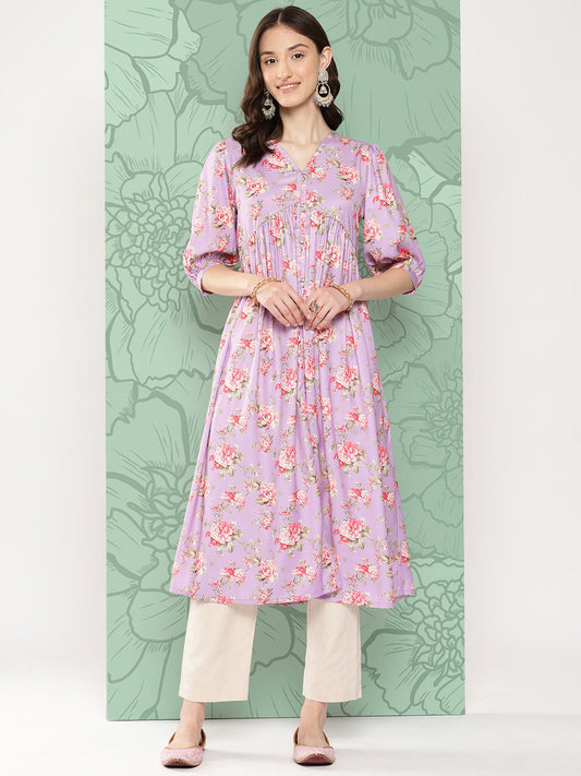 Janasya Women's Lavender Moss Digital Floral Printed Festive Flared Kurta | Swadesiicart