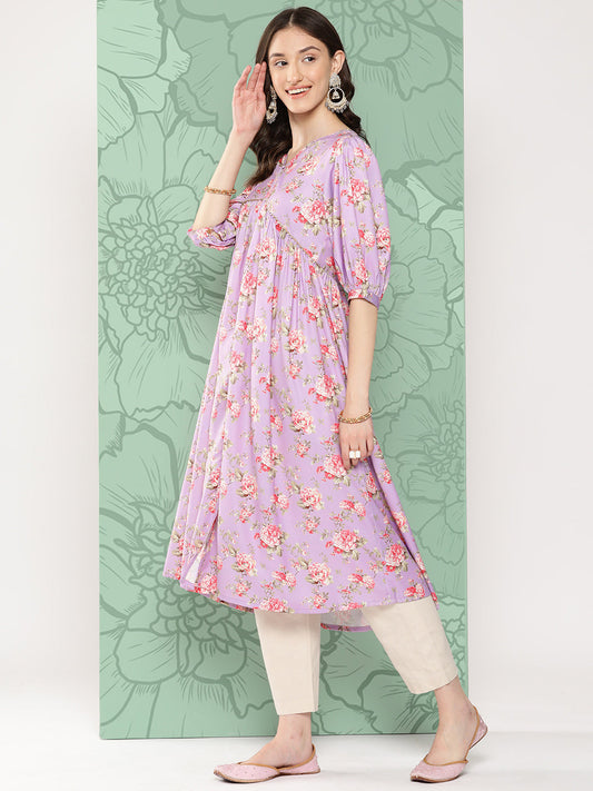 Janasya Women's Lavender Moss Digital Floral Printed Festive Flared Kurta | Swadesiicart