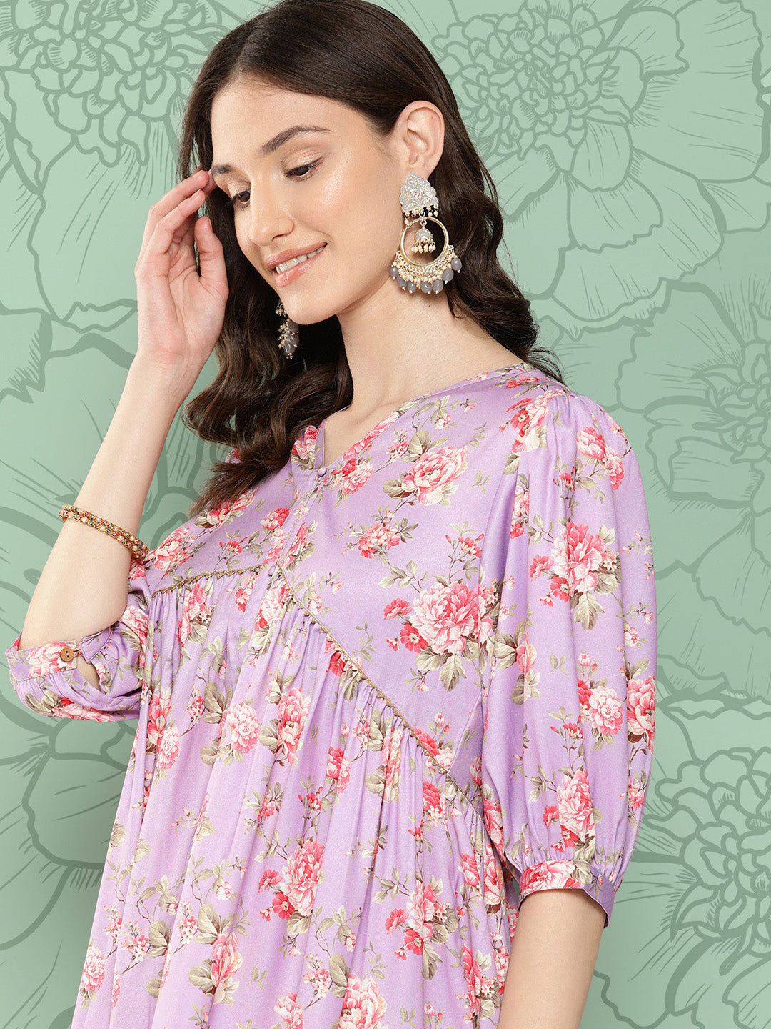 Janasya Women's Lavender Moss Digital Floral Printed Festive Flared Kurta | Swadesiicart