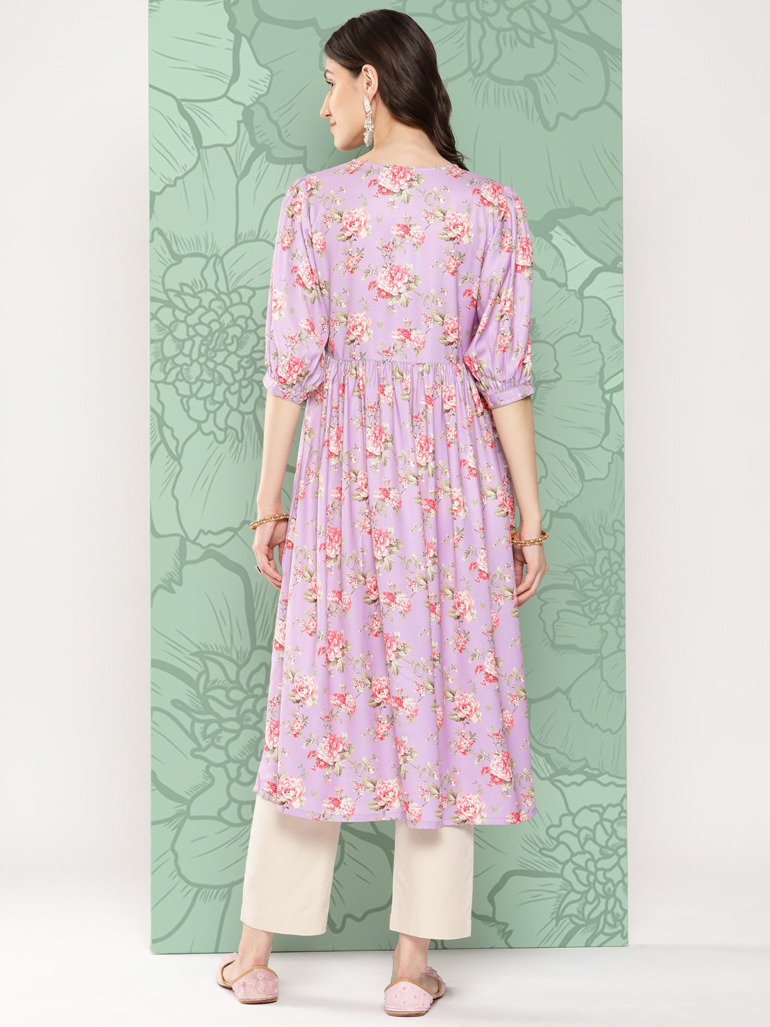 Janasya Women's Lavender Moss Digital Floral Printed Festive Flared Kurta | Swadesiicart