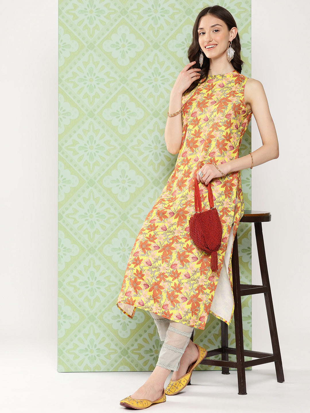 Janasya Women's Yellow Moss Digital Floral Printed Casual Straight Kurta | Swadesiicart