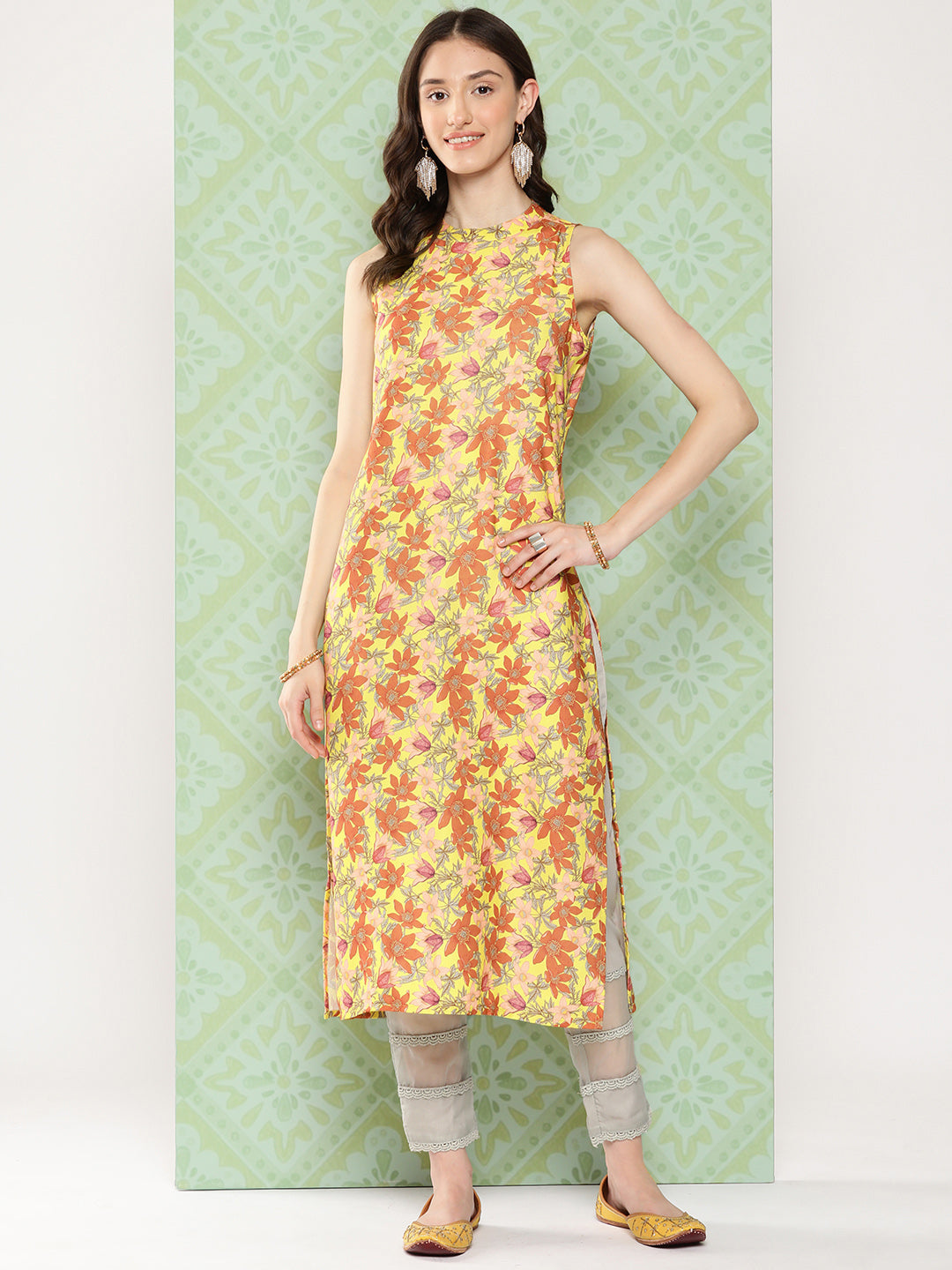 Janasya Women's Yellow Moss Digital Floral Printed Casual Straight Kurta | Swadesiicart