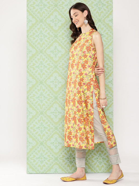 Janasya Women's Yellow Moss Digital Floral Printed Casual Straight Kurta | Swadesiicart