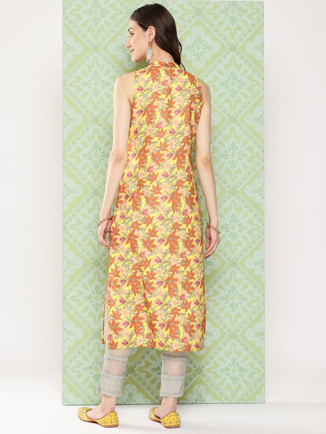 Janasya Women's Yellow Moss Digital Floral Printed Casual Straight Kurta | Swadesiicart