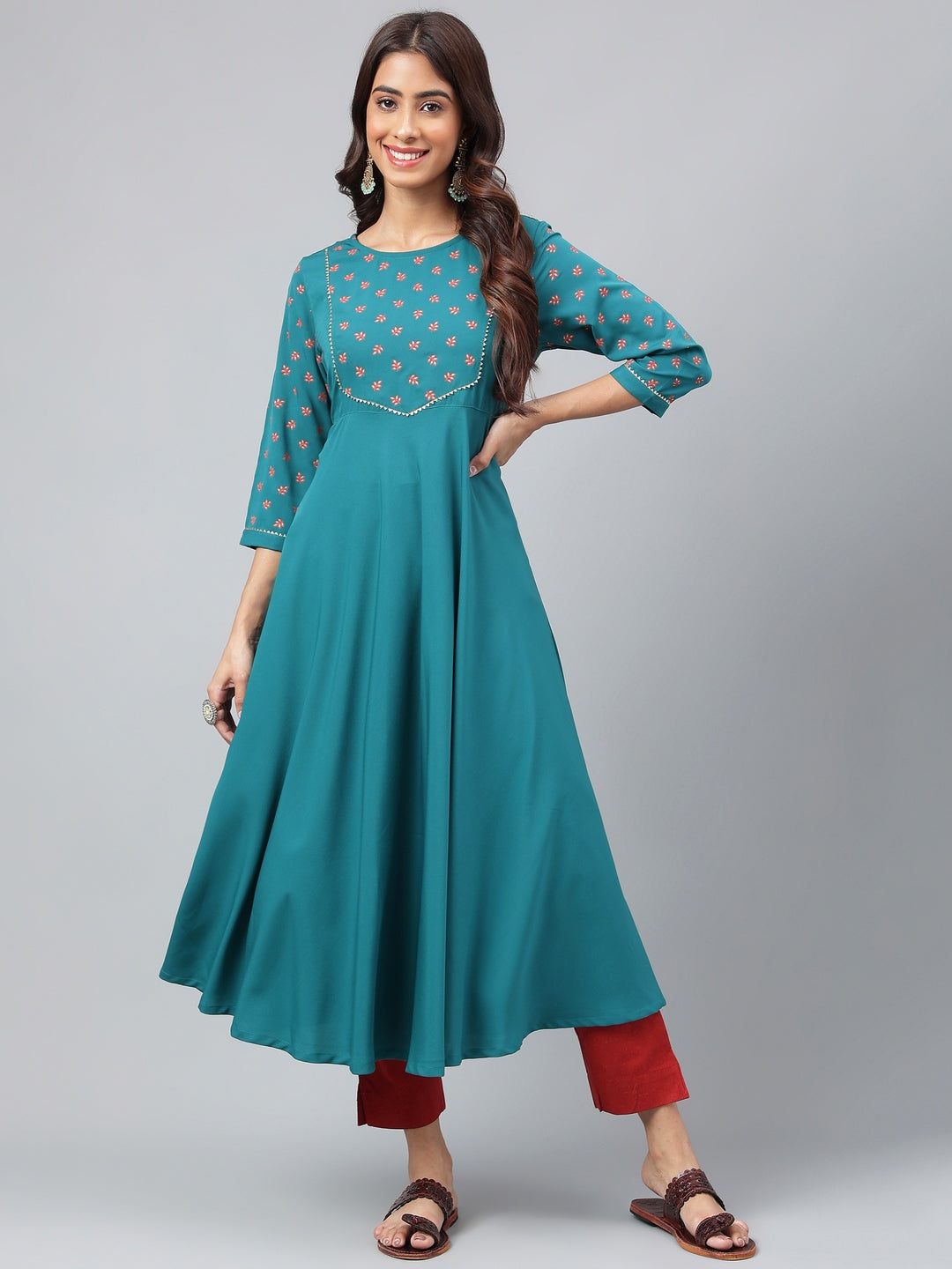 Janasya Women's Dark Green Crepe Foil Printed Festive A-Line Kurta | Swadesiicart