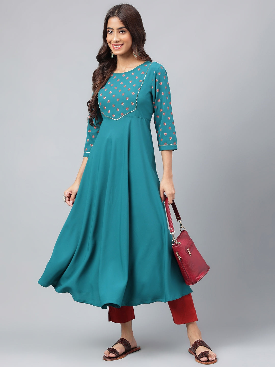 Janasya Women's Dark Green Crepe Foil Printed Festive A-Line Kurta | Swadesiicart