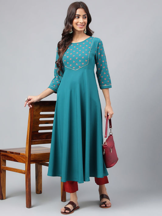 Janasya Women's Dark Green Crepe Foil Printed Festive A-Line Kurta | Swadesiicart