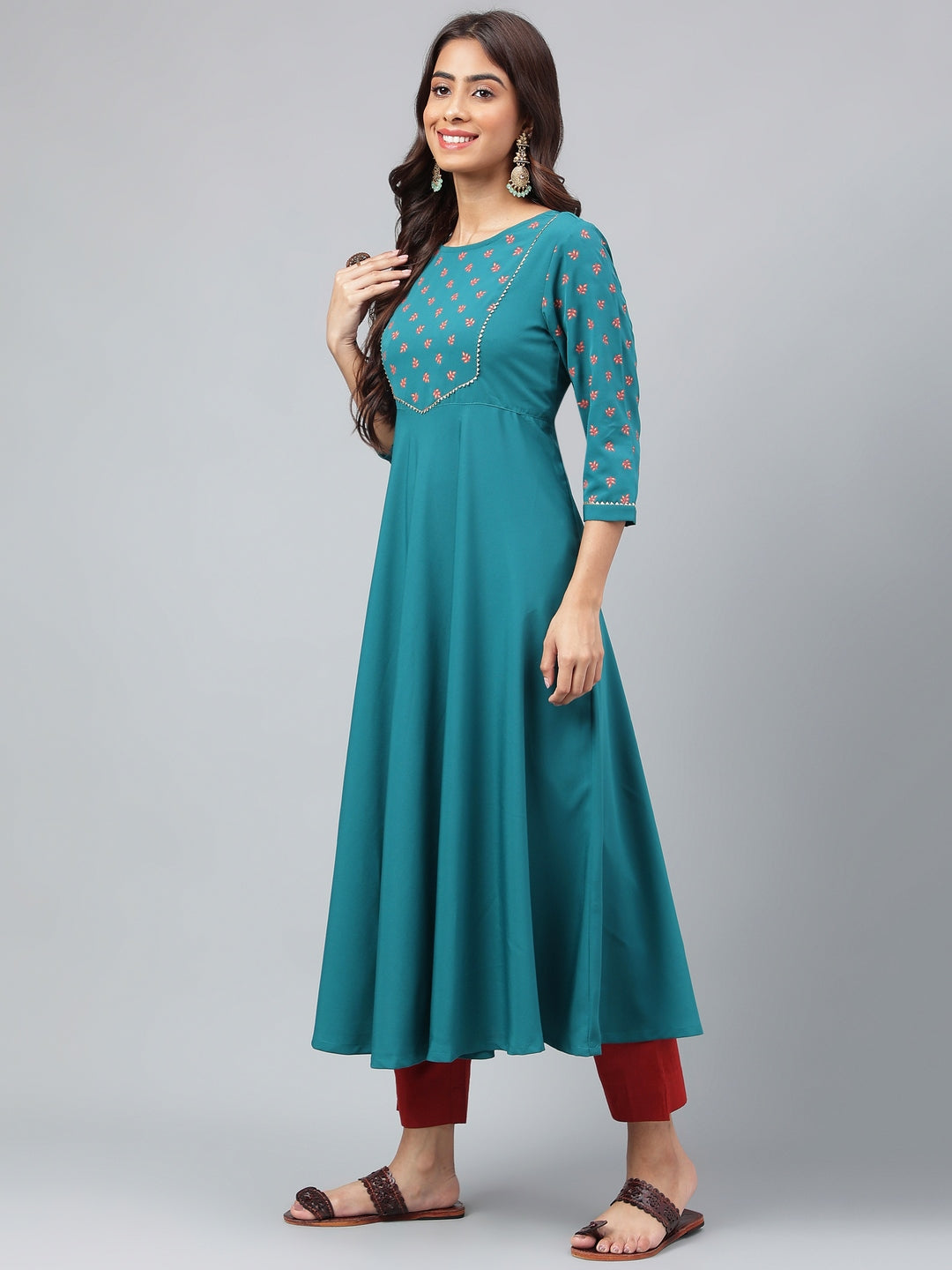 Janasya Women's Dark Green Crepe Foil Printed Festive A-Line Kurta | Swadesiicart