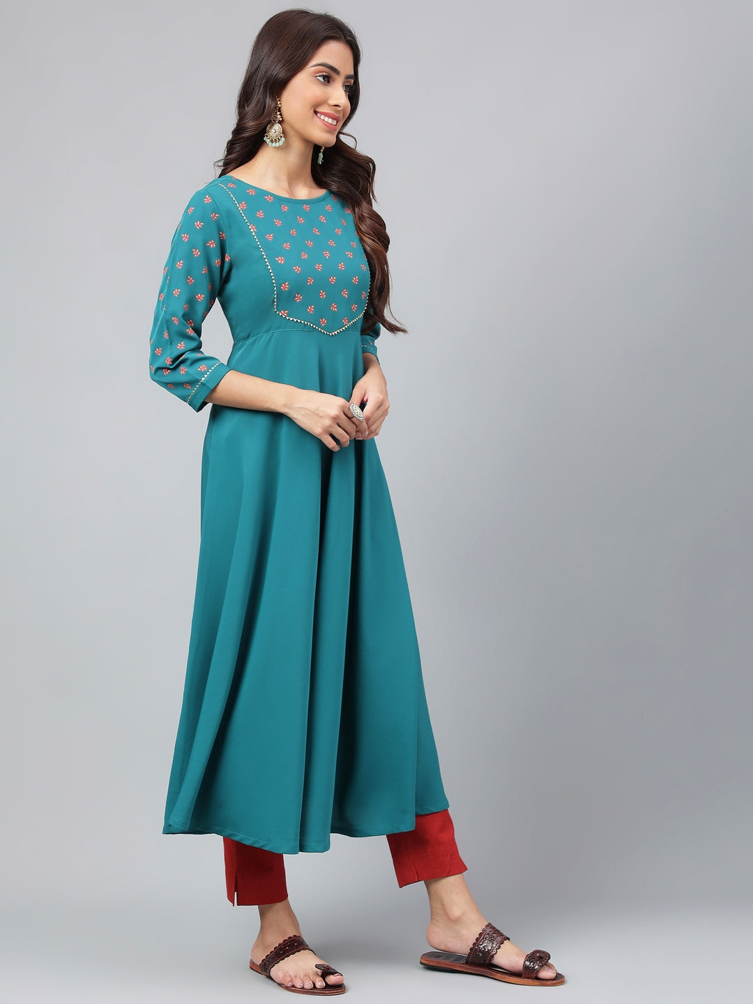 Janasya Women's Dark Green Crepe Foil Printed Festive A-Line Kurta | Swadesiicart