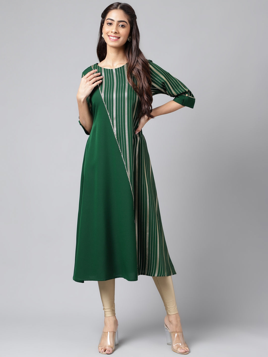 Janasya Women's Dark Green Crepe Foil Printed Casual A-Line Kurta - Swadesiicart