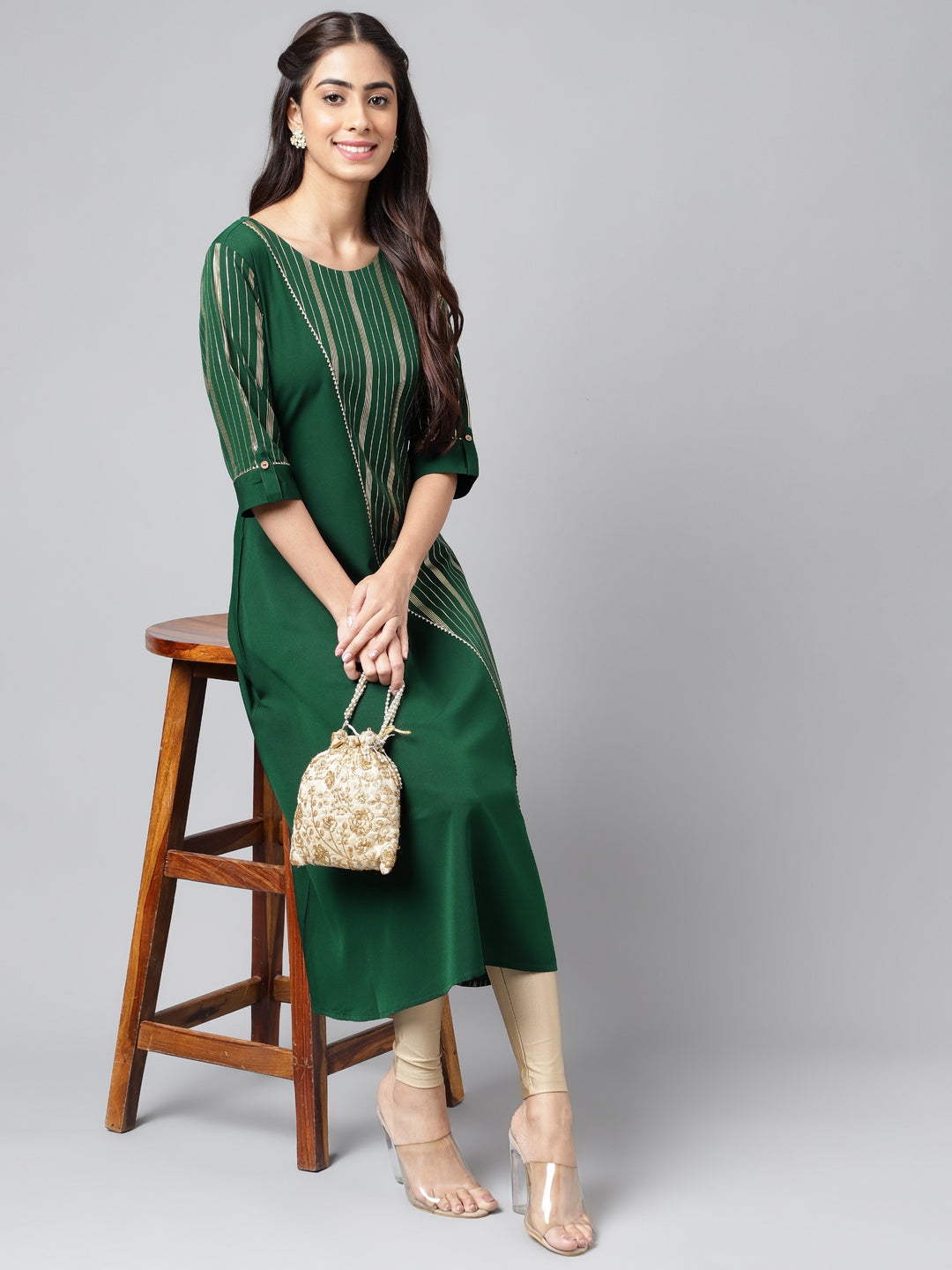 Janasya Women's Dark Green Crepe Foil Printed Casual A-Line Kurta - Swadesiicart