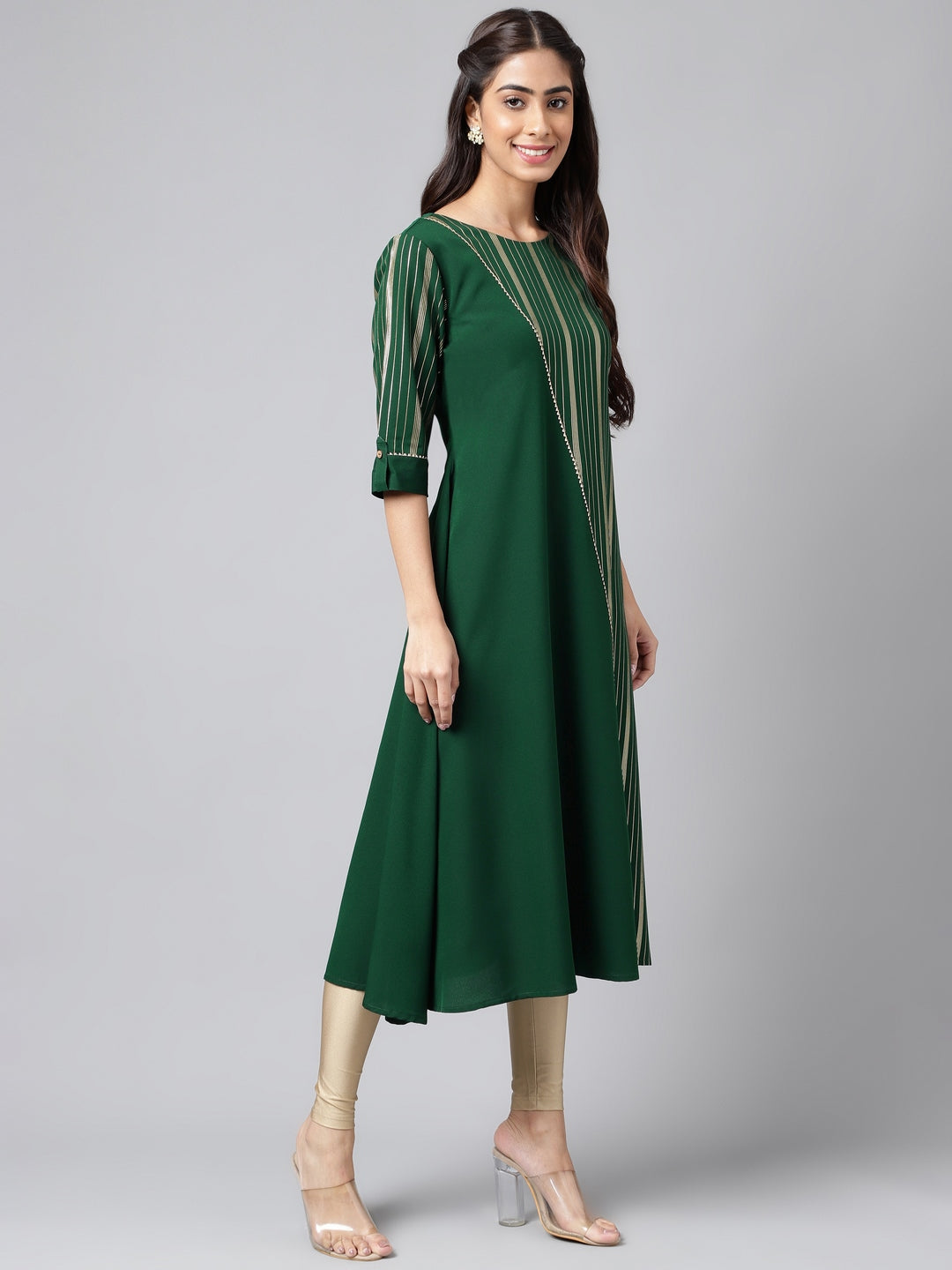 Janasya Women's Dark Green Crepe Foil Printed Casual A-Line Kurta - Swadesiicart