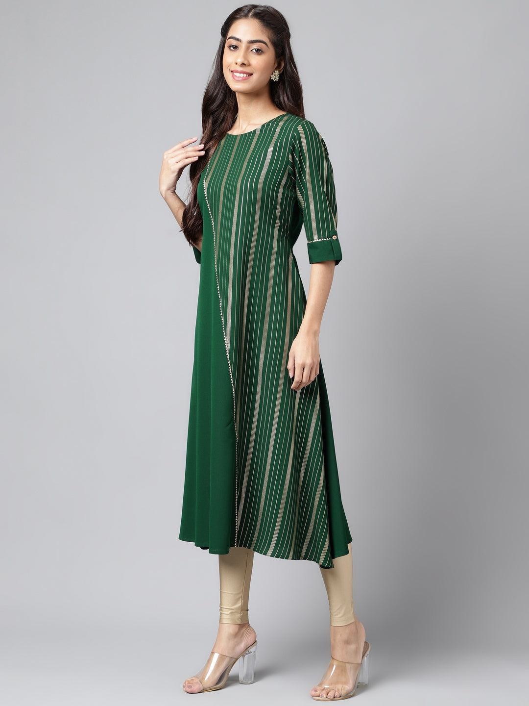Janasya Women's Dark Green Crepe Foil Printed Casual A-Line Kurta - Swadesiicart