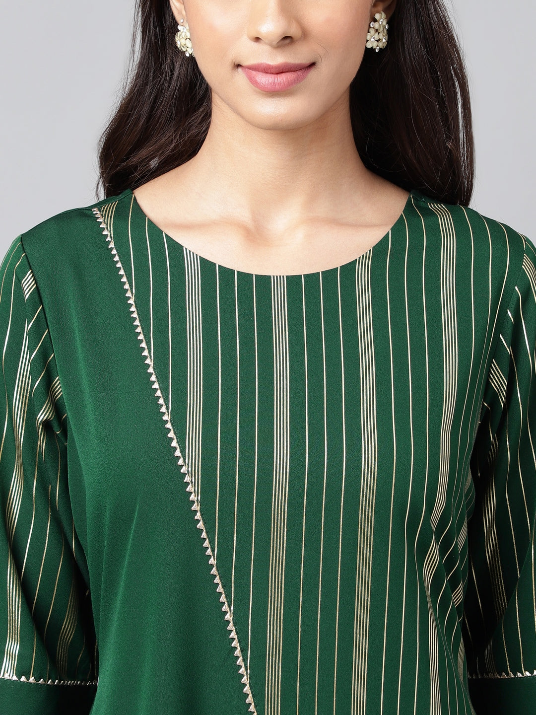 Janasya Women's Dark Green Crepe Foil Printed Casual A-Line Kurta - Swadesiicart