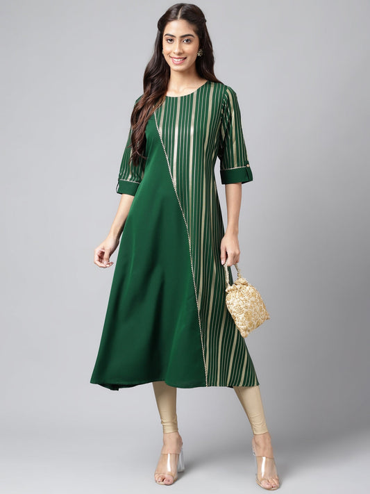 Janasya Women's Dark Green Crepe Foil Printed Casual A-Line Kurta - Swadesiicart