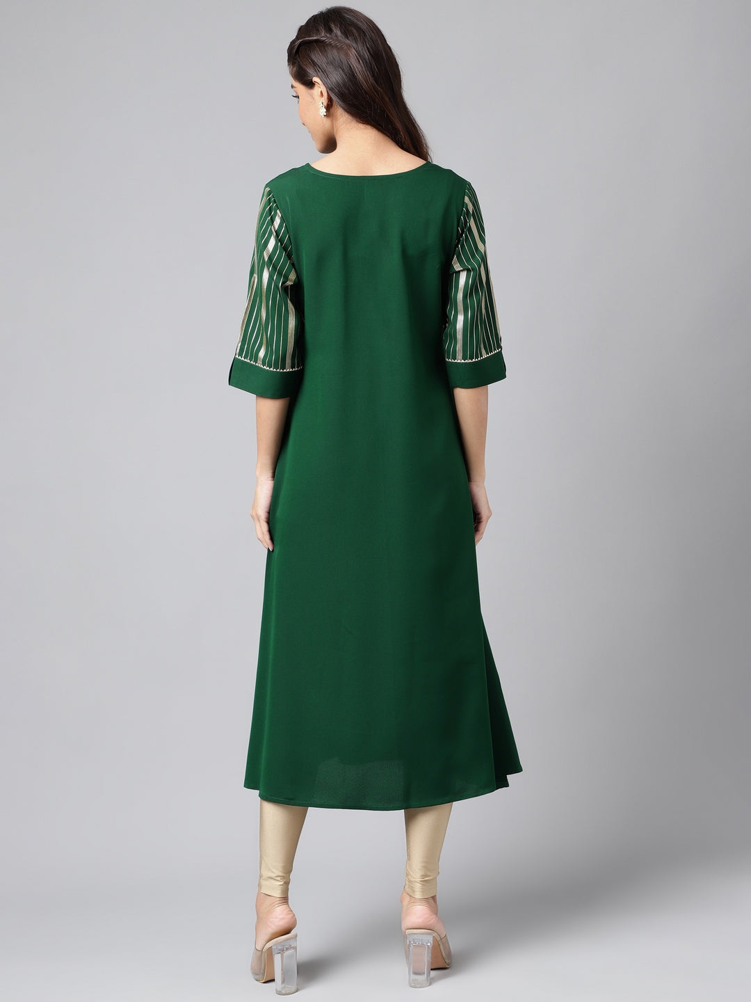 Janasya Women's Dark Green Crepe Foil Printed Casual A-Line Kurta - Swadesiicart