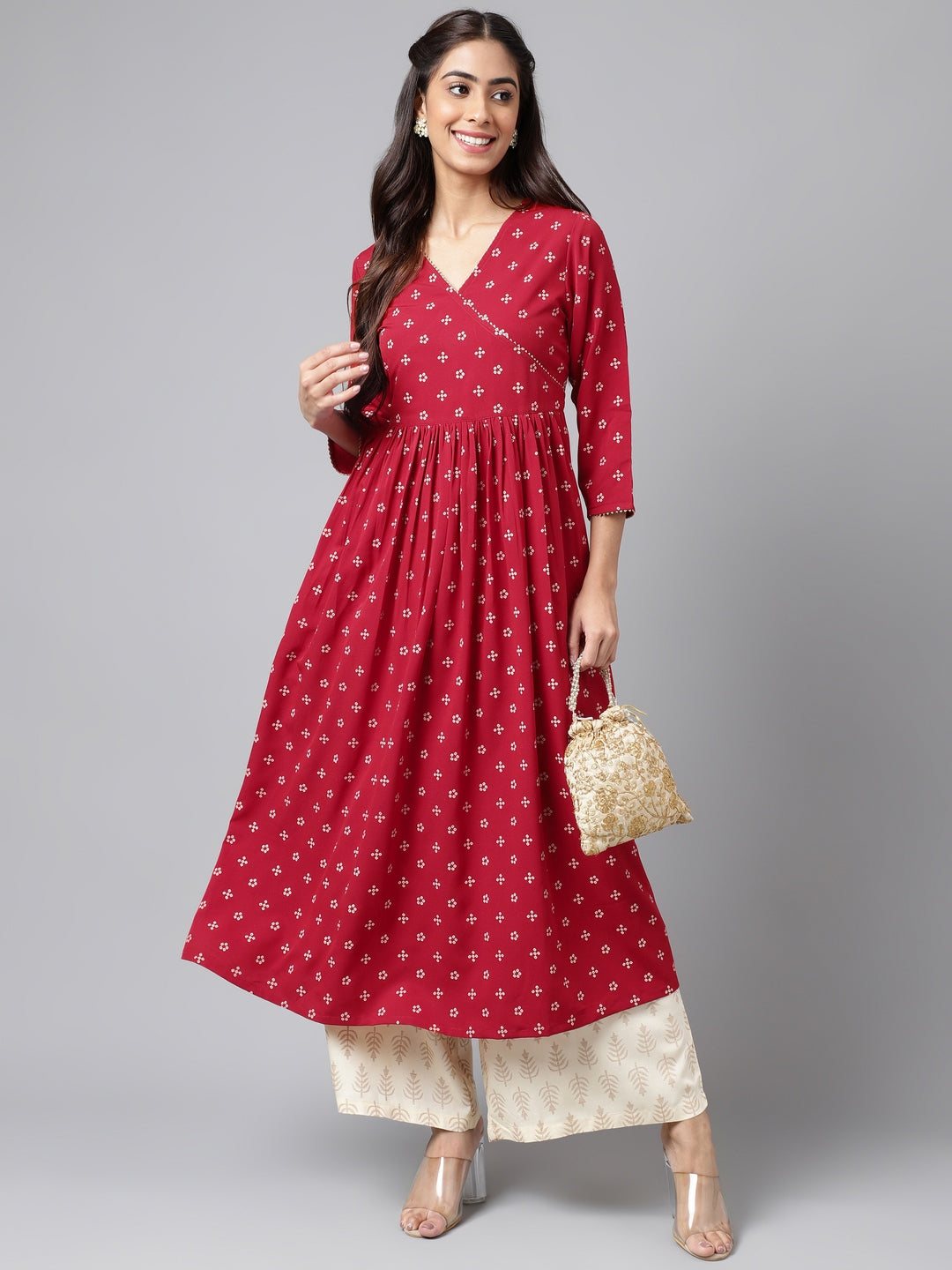 Janasya Women's Maroon Crepe Bandhani Printed Casual Flared Kurta | Swadesiicart