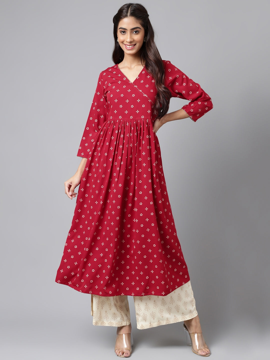 Janasya Women's Maroon Crepe Bandhani Printed Casual Flared Kurta | Swadesiicart
