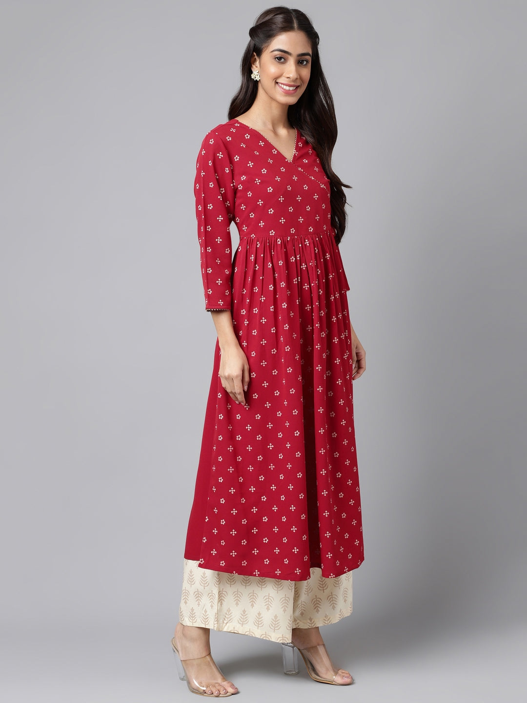 Janasya Women's Maroon Crepe Bandhani Printed Casual Flared Kurta | Swadesiicart