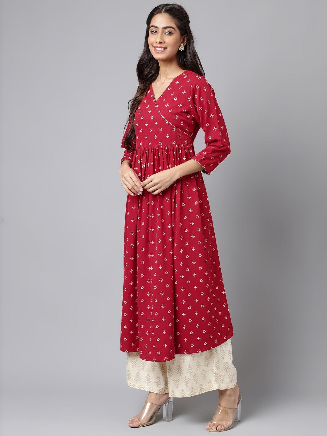Janasya Women's Maroon Crepe Bandhani Printed Casual Flared Kurta | Swadesiicart