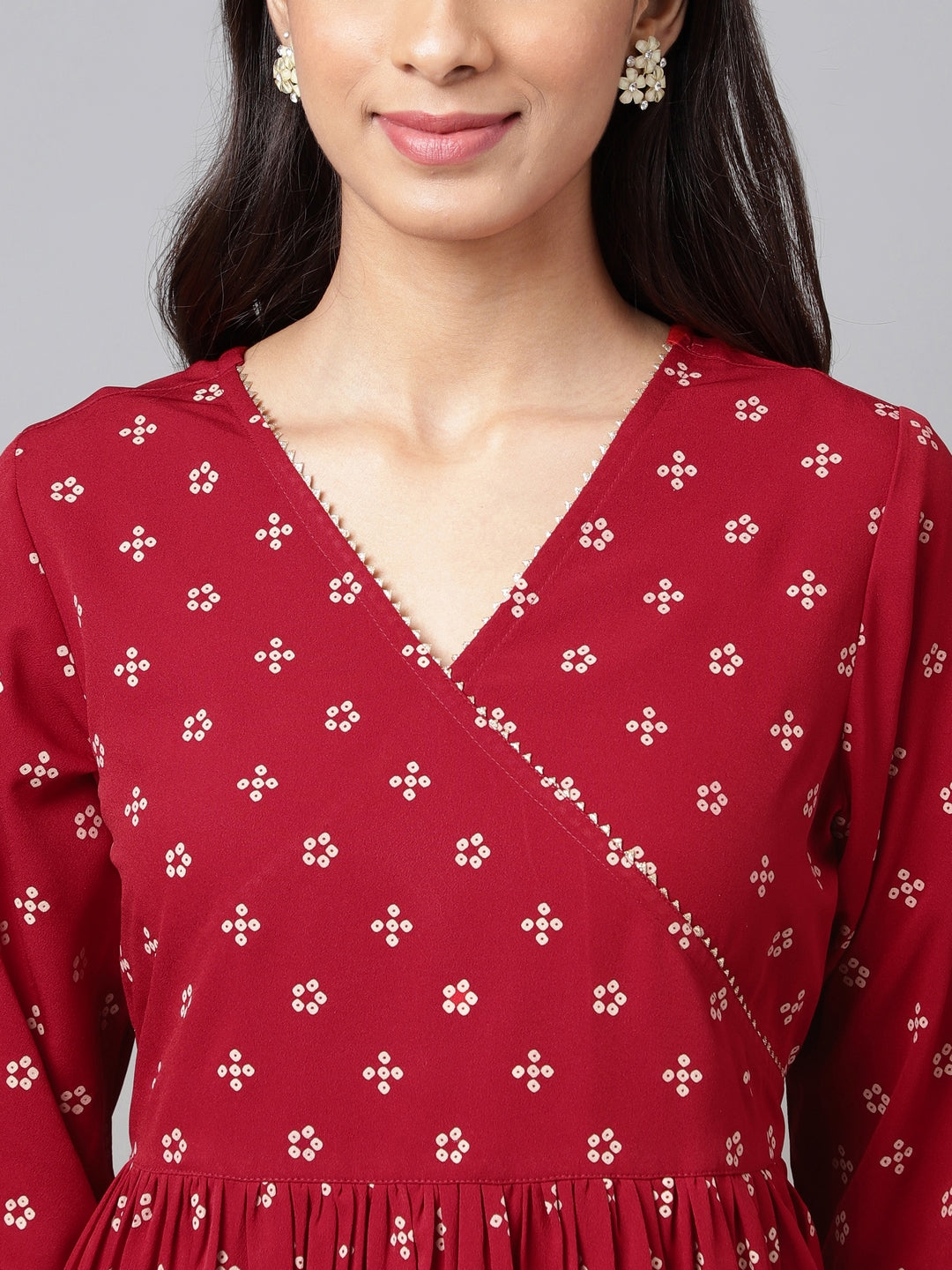 Janasya Women's Maroon Crepe Bandhani Printed Casual Flared Kurta | Swadesiicart